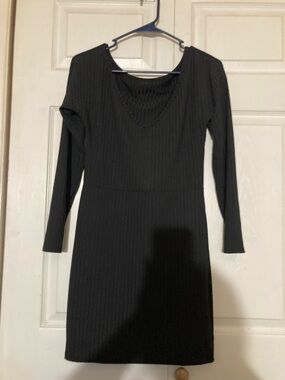 Ribbed Long-Sleeve Black Knit Dress L